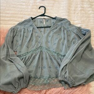 Free People Dusty Blue Embroidered Peasant Blouse